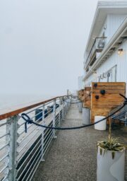 An outdoor walkway along the edge of a building, featuring metal railings and potted plants. The area is wet, likely from rain, and the sky appears overcast. The building has wood accents and is situated by a body of water.